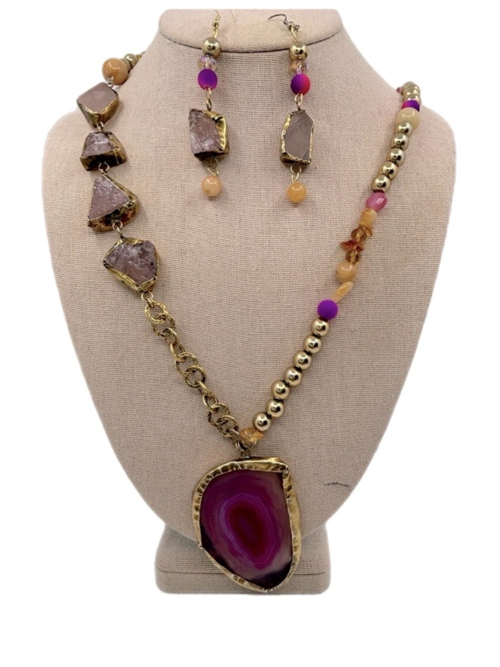 Pink Dyed Agate Necklace and Earring Set Handmade Upcycled Boho